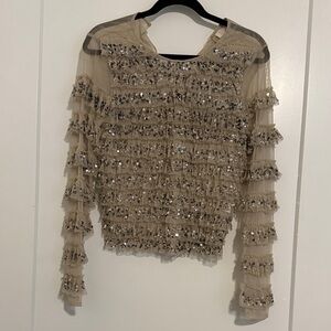 Anthropologie Beige Sequin Ruffle Blouse